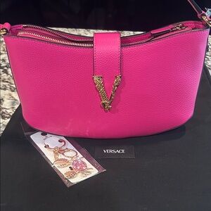 Versace Virtus Hot Pink Leather V-Emblem Shoulder Bag NWT with dust bag